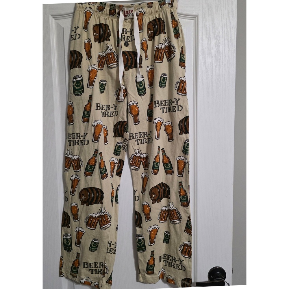 Lazy One Men S Tan Beer-y Tired Novelty Cotton Pajama Pants Beer Mugs Bottles
